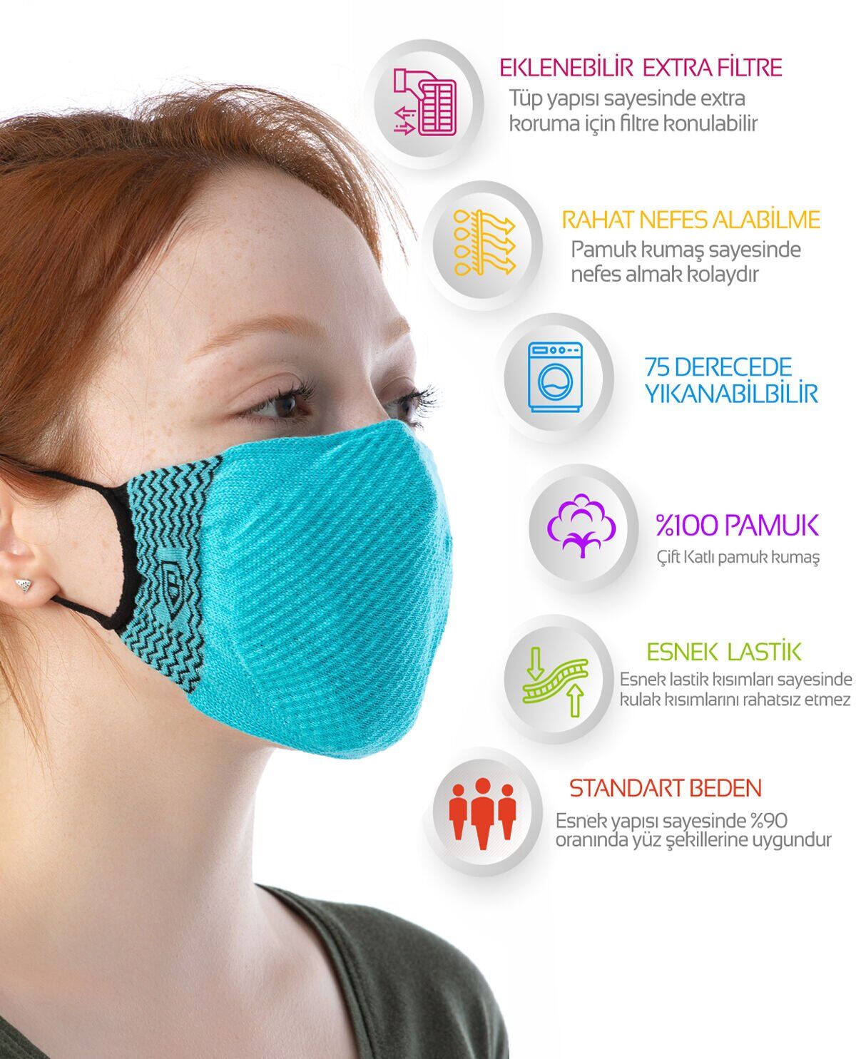 Yıkanılabilir Maske Pamuk Turkuaz Renk Esnek Lastikli