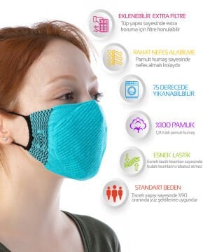Yıkanılabilir Maske Pamuk Turkuaz Renk Esnek Lastikli