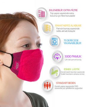Yıkanılabilir Maske Pamuk Fuşya Renk Esnek Lastikli