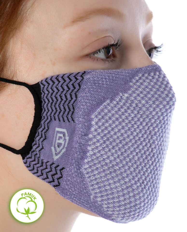 Yıkanılabilir Maske Pamuk Lila Renk Esnek Lastikli