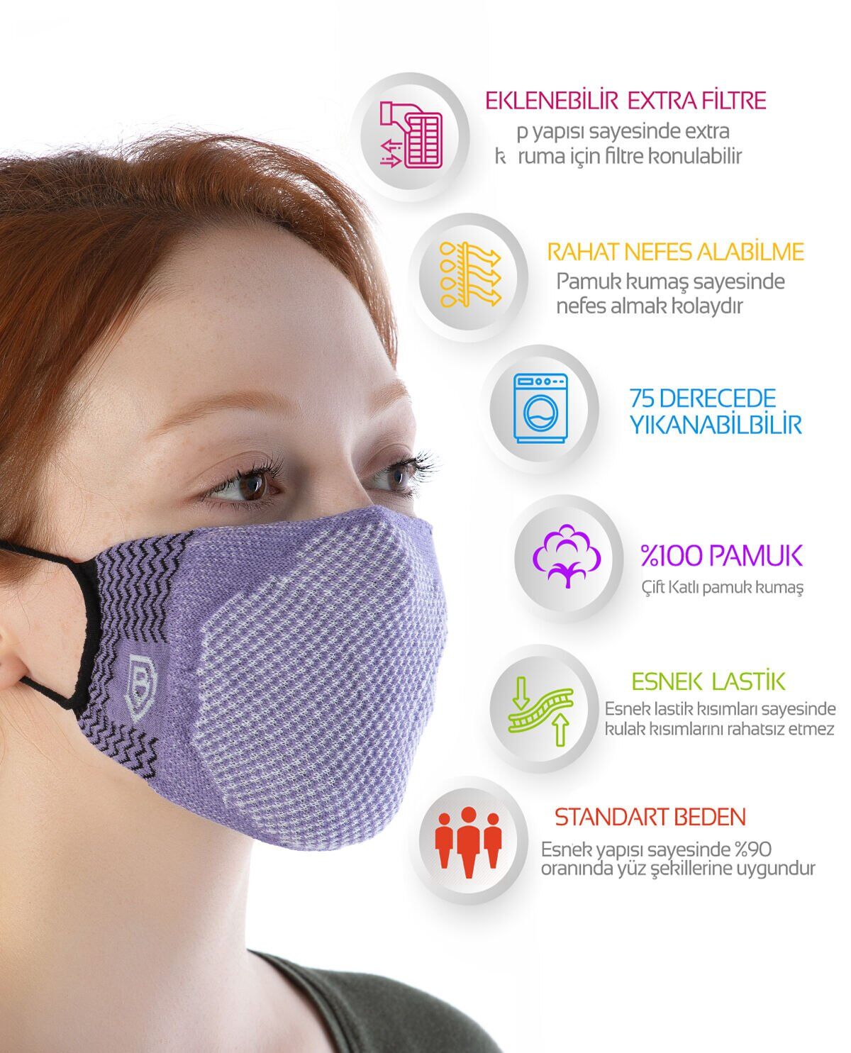 Yıkanılabilir Maske Pamuk Lila Renk Esnek Lastikli