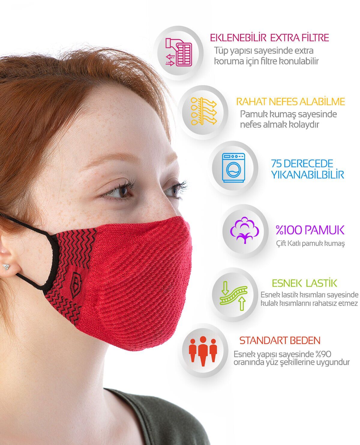 Yıkanılabilir Maske Pamuk Kırmızı Renk Esnek Lastikli