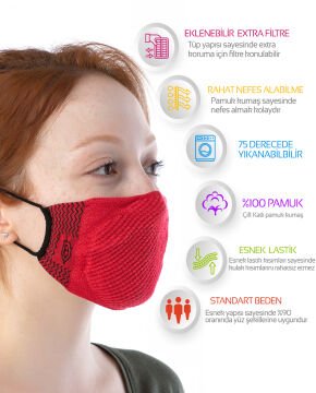 Yıkanılabilir Maske Pamuk Kırmızı Renk Esnek Lastikli