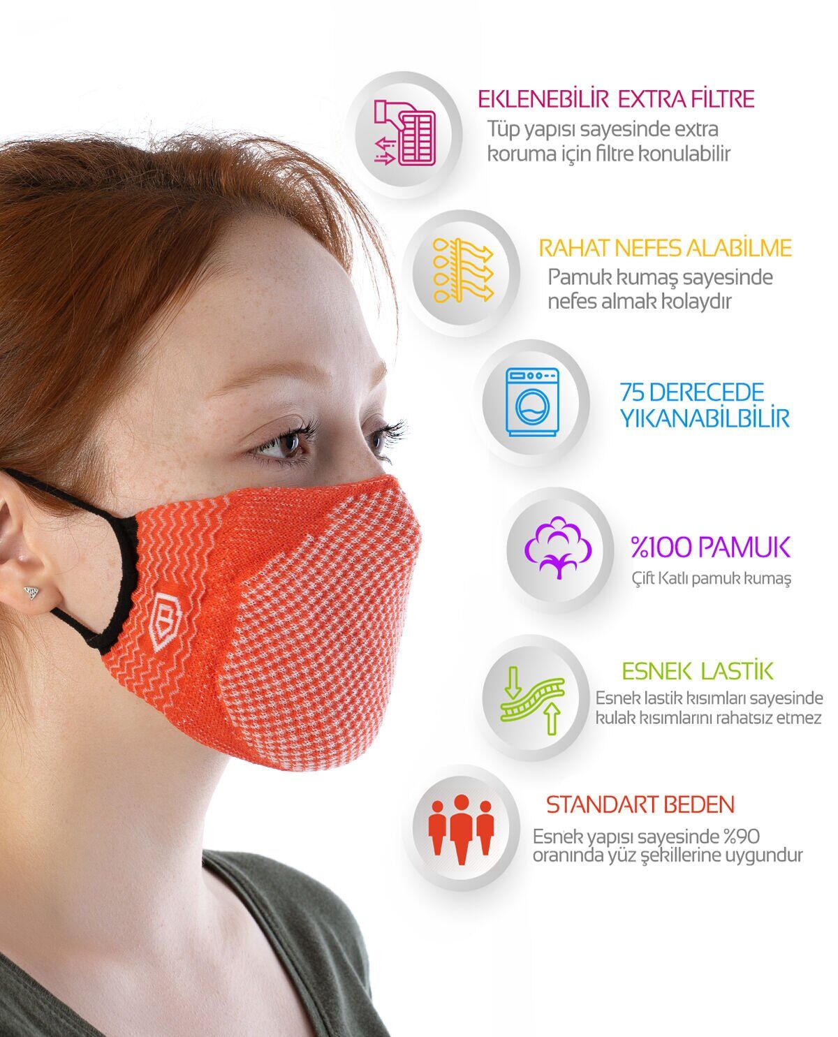 Yıkanılabilir Maske Pamuk Turuncu Renk Esnek Lastikli