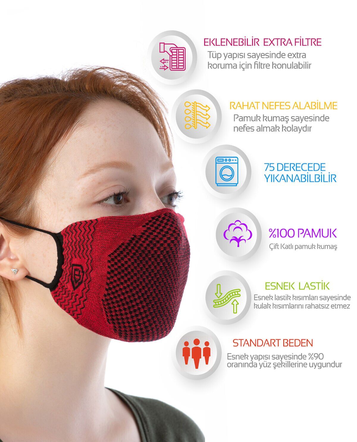 Yıkanılabilir Maske Pamuk Bordo Renk Esnek Lastikli