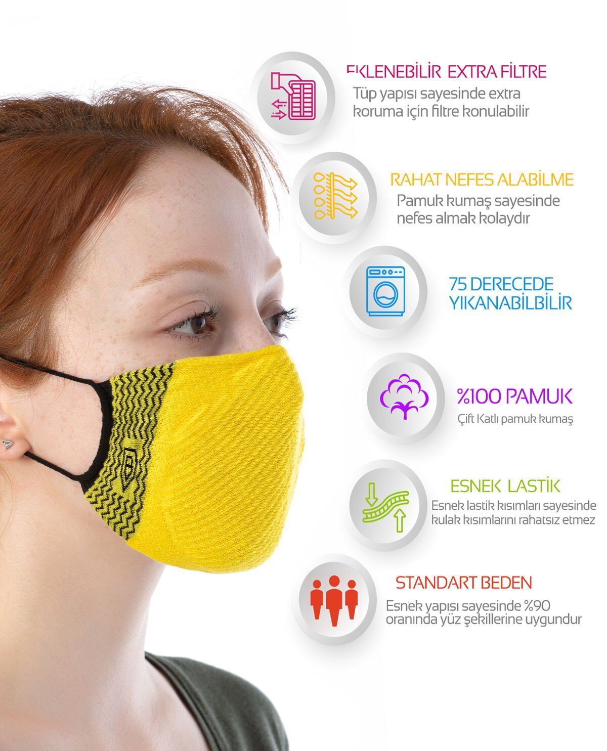 Yıkanılabilir Maske Pamuk Sarı Renk Esnek Lastikli