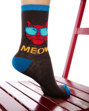 Kahverengi Kedi Desen Soket Çorap