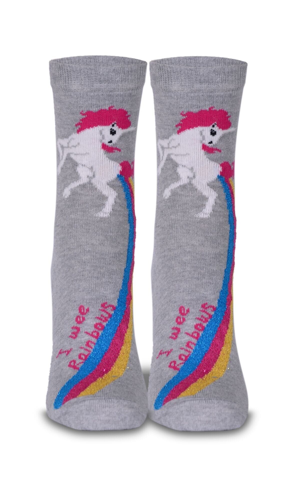 Gri Melanj Renk Gökkuşağı Unicorn Desen Soket Çorap