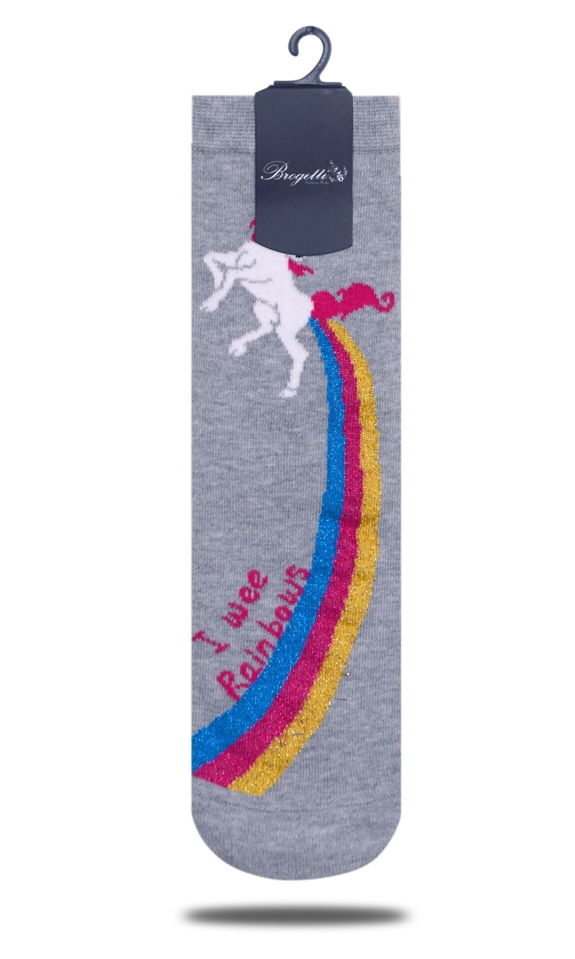 Gri Melanj Renk Gökkuşağı Unicorn Desen Soket Çorap