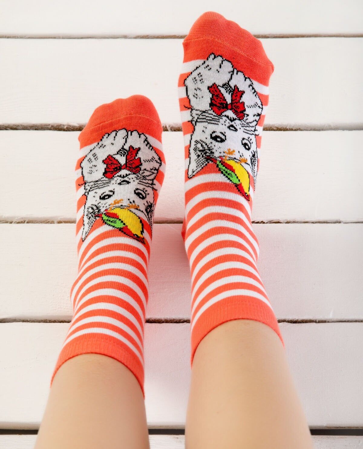 Kedi ve Kuş Desenli Soket Çorap