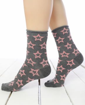 Gri Renk Simli Yıldız Desen Soket Çorap