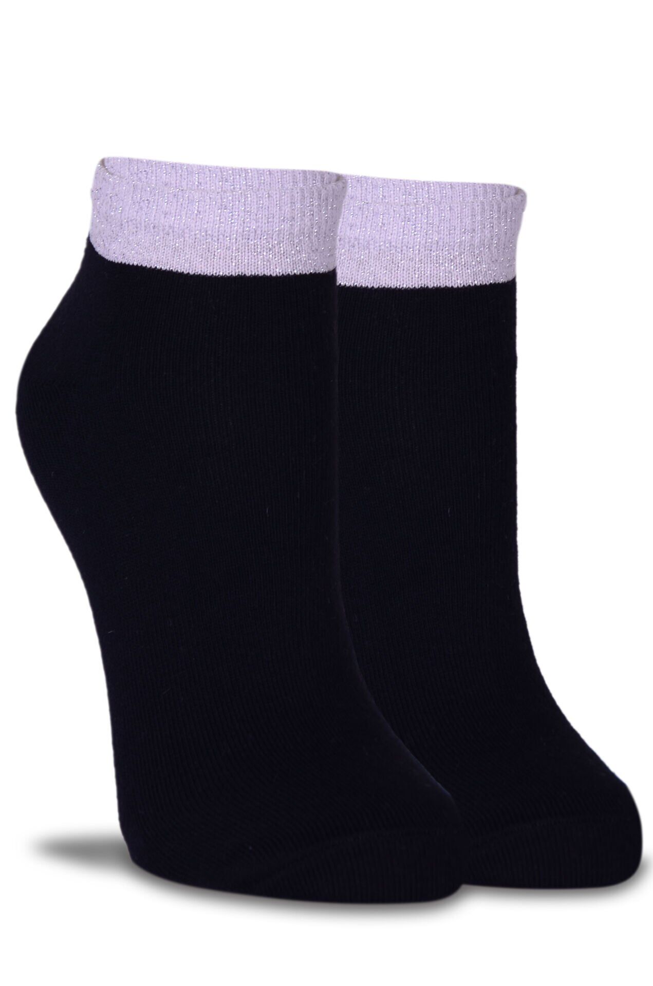 Pembe Simli Lastikli Siyah Kısa Soket Çorap