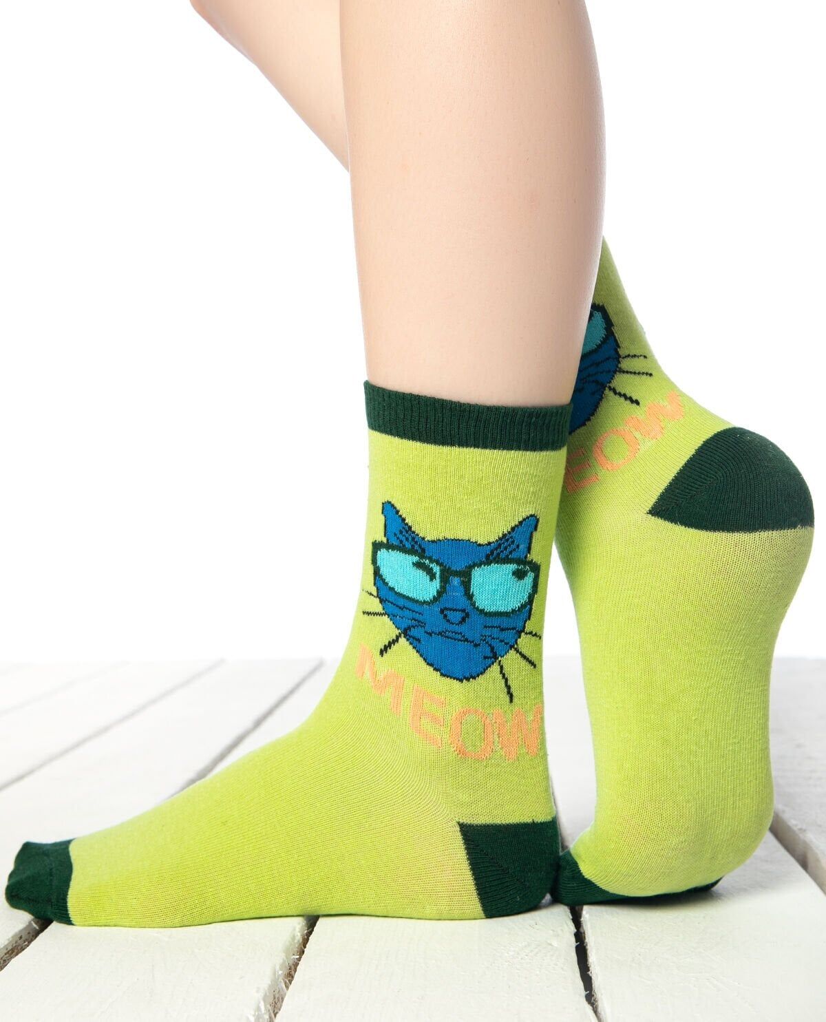 Kedi Desen Yeşil Soket Çorap