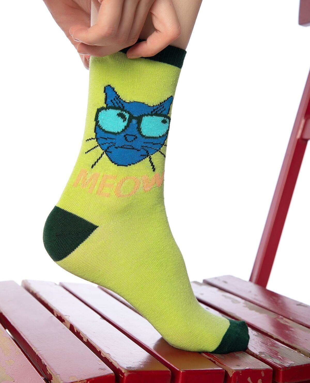 Kedi Desen Yeşil Soket Çorap