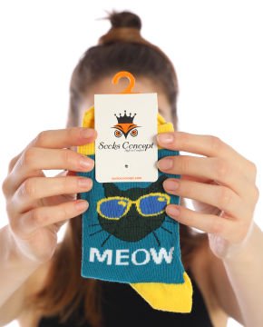 Kedi Desen İndigo Mavi Soket Çorap