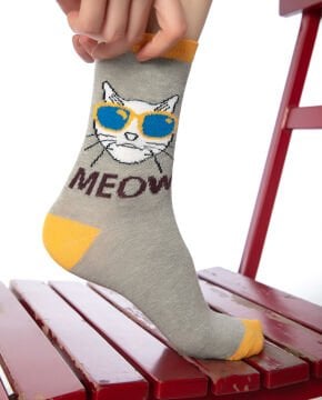 Gri Renk Kedi Desen Soket Çorap