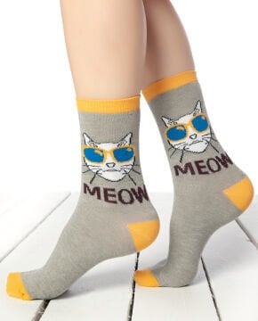 Gri Renk Kedi Desen Soket Çorap