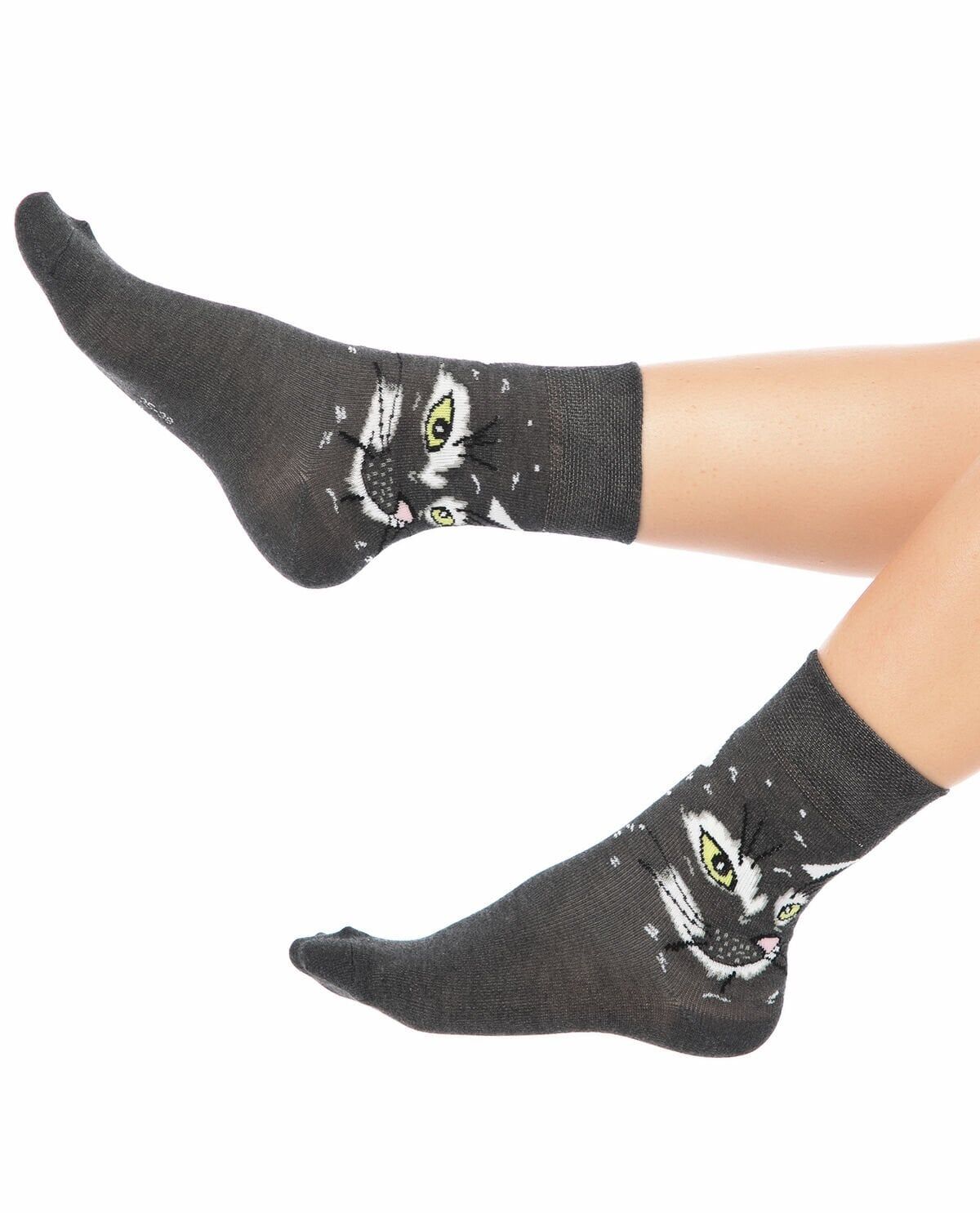 Antrasit Renk Kedi Desen Soket Çorap