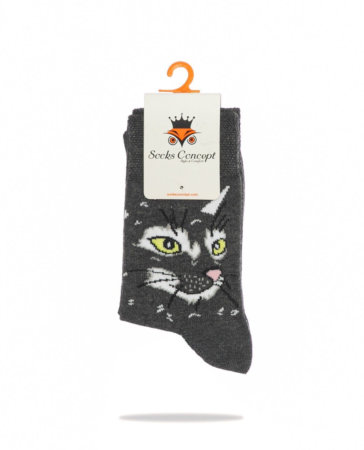 Antrasit Renk Kedi Desen Soket Çorap