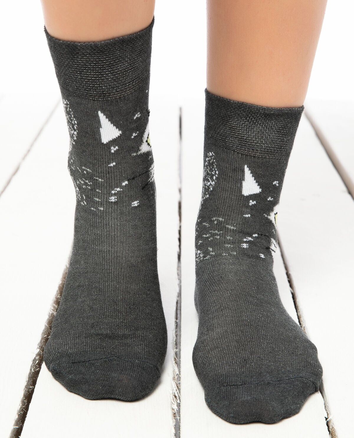 Antrasit Renk Kedi Desen Soket Çorap