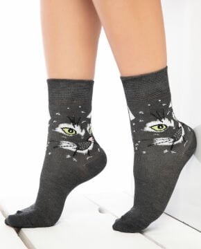 Antrasit Renk Kedi Desen Soket Çorap