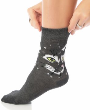 Antrasit Renk Kedi Desen Soket Çorap