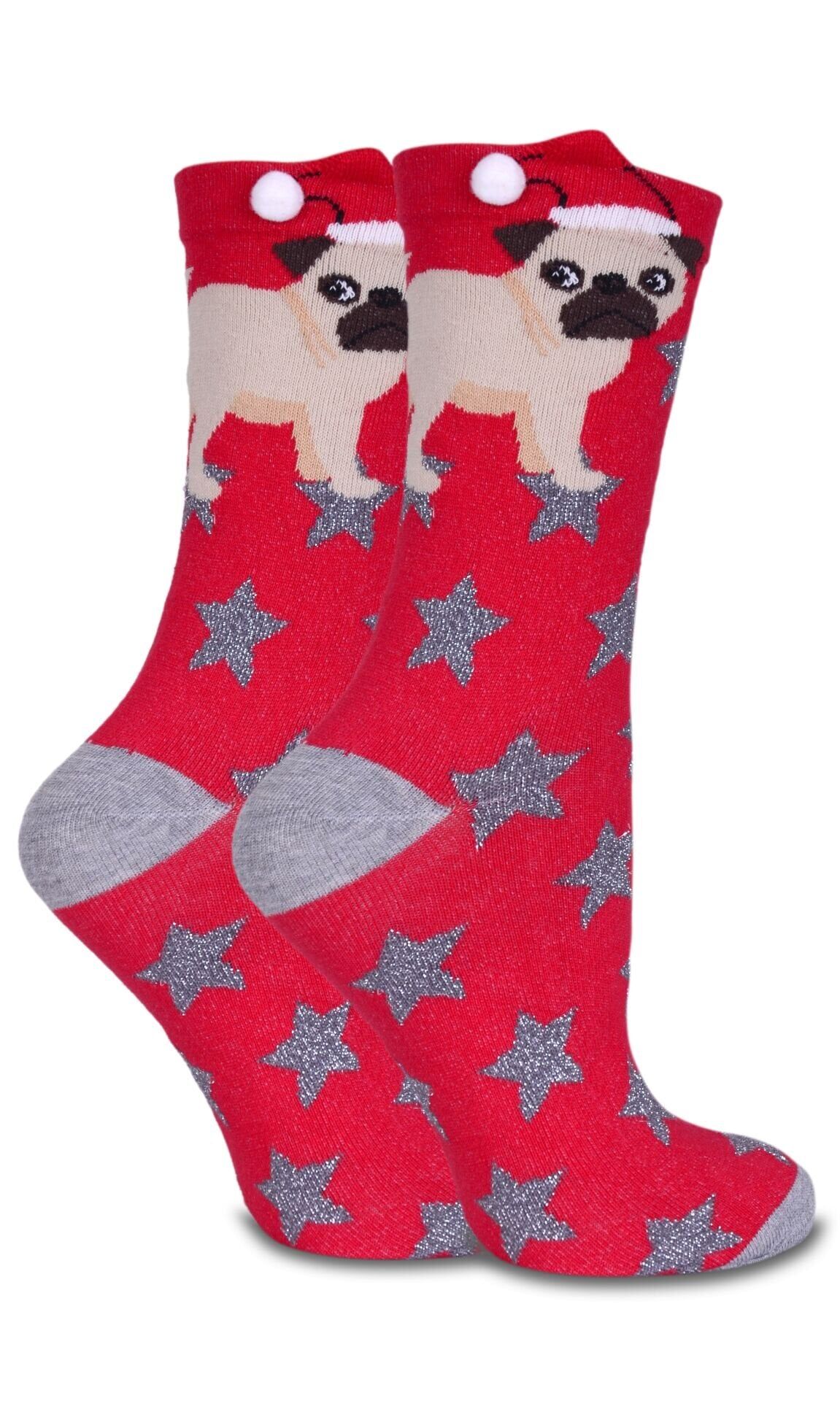 Simli Yıldız Ve Pug Desen Soket Çorap