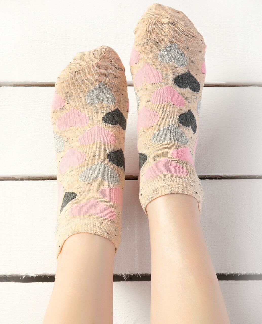 Bej Rengi Kalp Desen Kısa Soket Çorap BEJ - 35/38