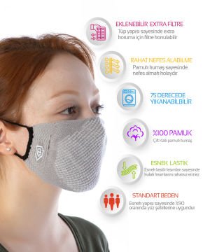 Yıkanılabilir Maske Pamuk Gri Renk Esnek Lastikli