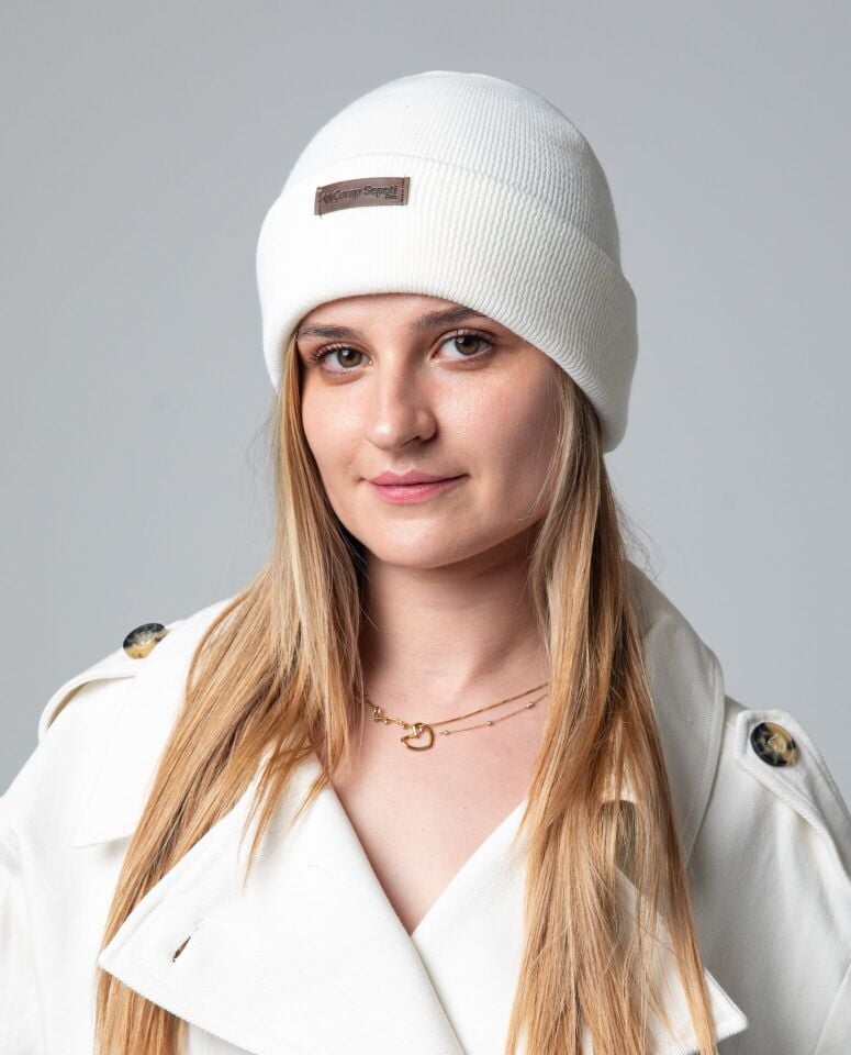 Triko Kıvrık Kadın Bere Ekru Renk